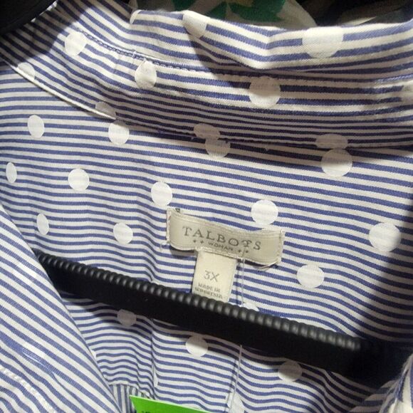 Talbots Top Womens 3X Polka Dot Button Up Long Sleeve Blue Striped Office Career - Picture 4 of 15